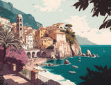 Stylised Amalfi cliffside village overlooking turquoise sea, with boats, a beach, bell tower and terrace foliage