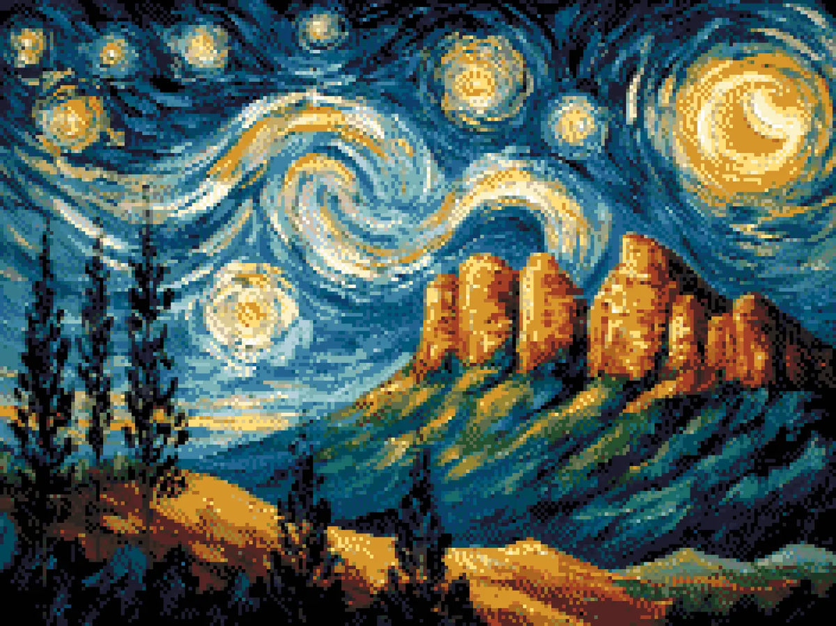 Three Sisters artwork shown as a completed diamond painting preview