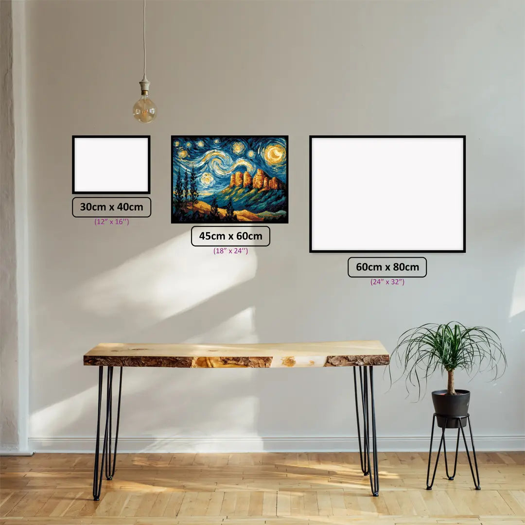 Three Sisters diamond painting displayed in a room setting