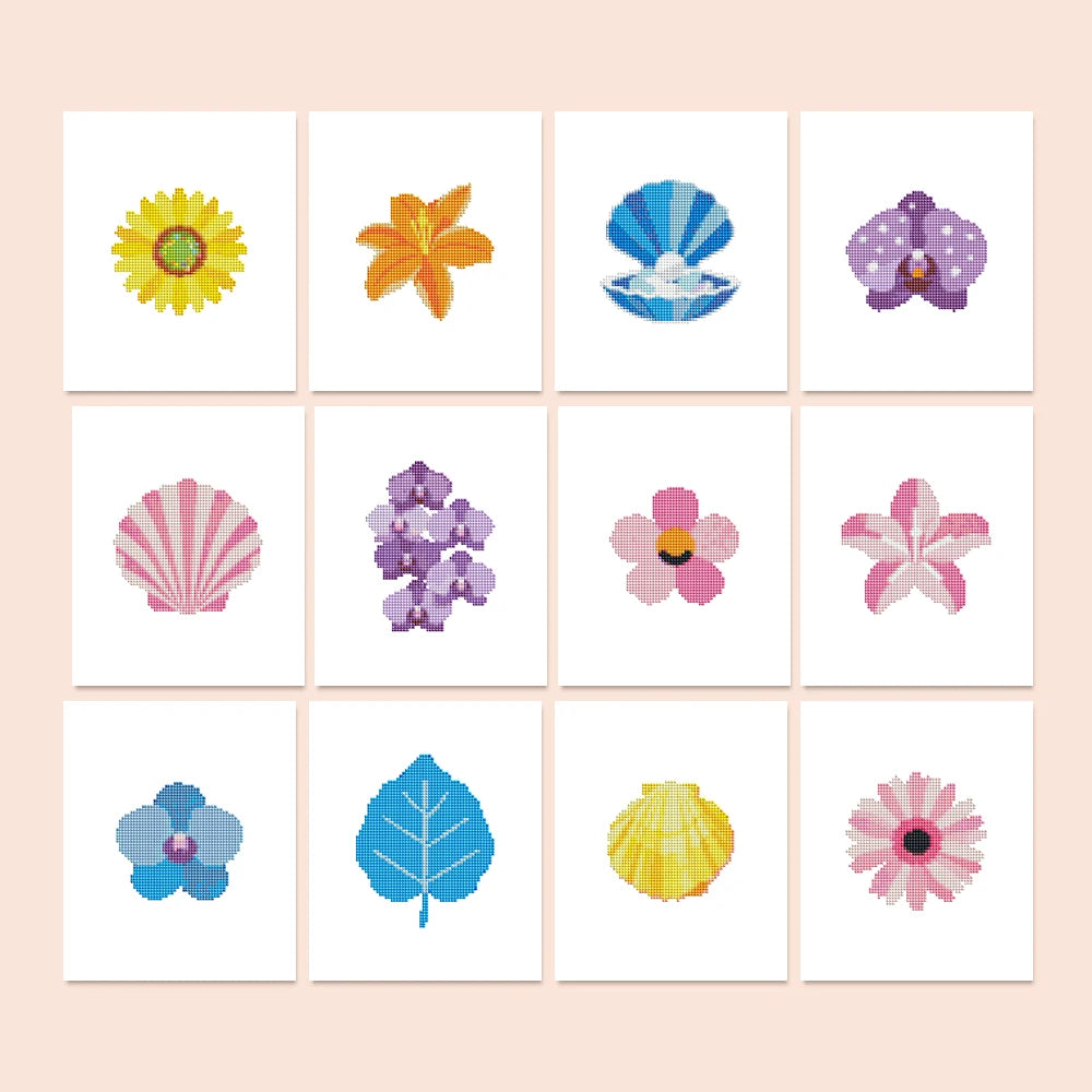 Tropical Blooms & Shells Mini Diamond Painting Set – 12 Pack
