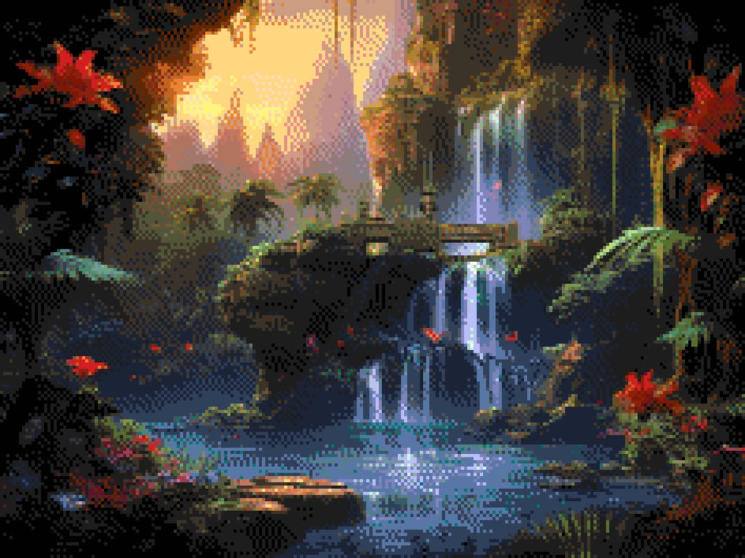 Tropical Oasis Retreat artwork shown as a completed diamond painting preview