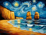 Waves breaking towards coastal rock formations beneath a swirling blue sky