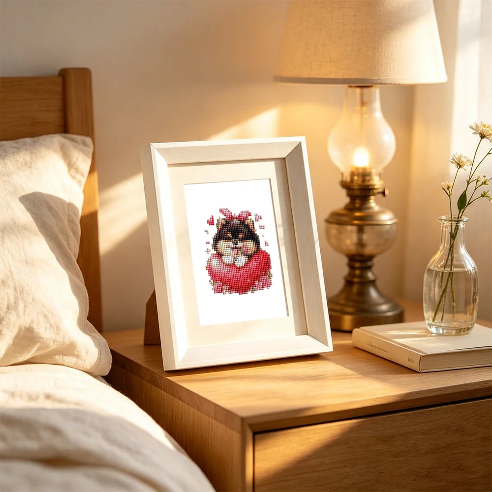 Valentine Pets mini diamond painting design displayed in a decorative room setting