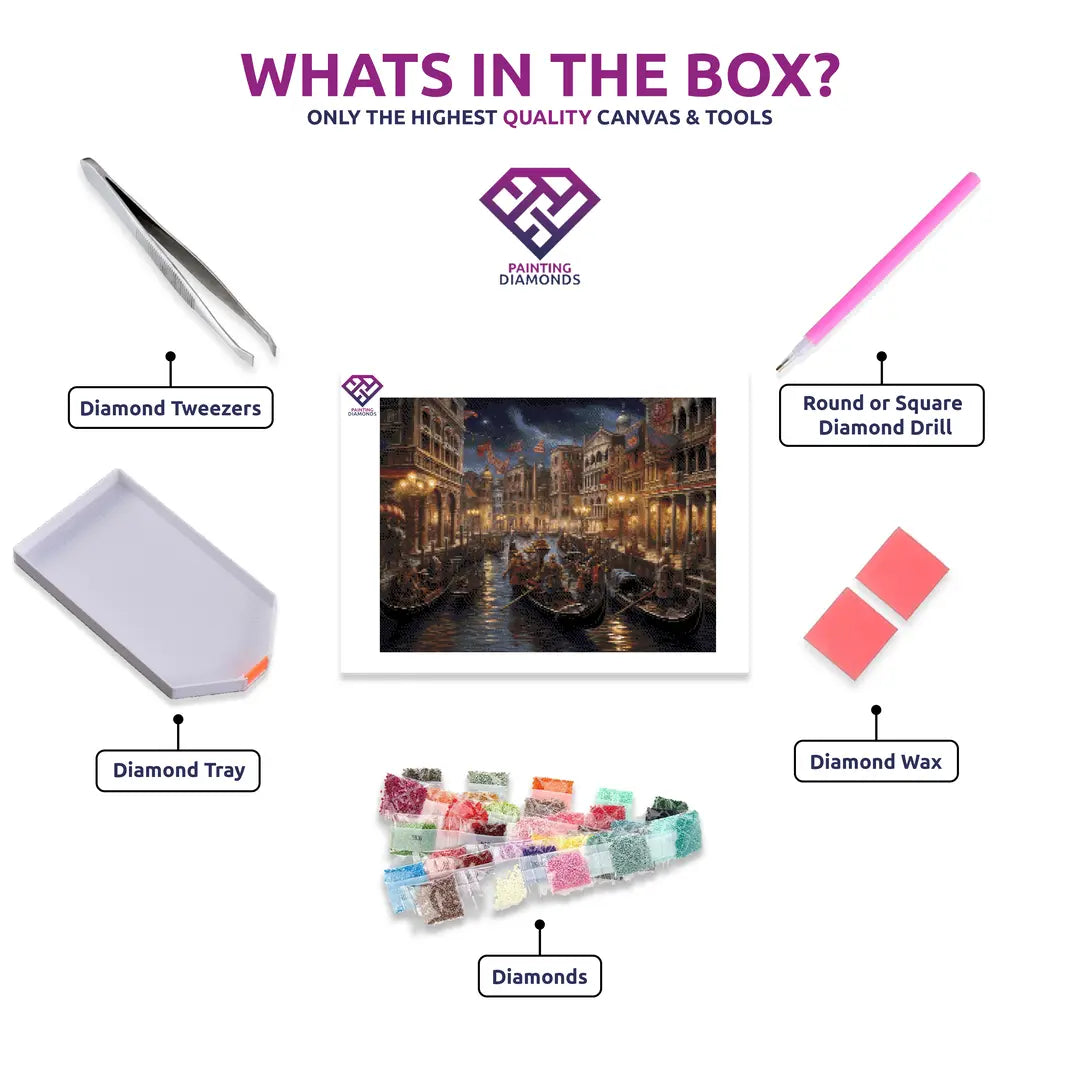 Venetian Carnival diamond painting kit contents shown together