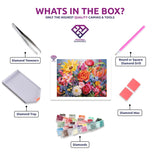 Vibrant Floral Bouquet diamond painting kit contents shown together