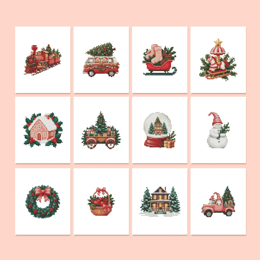 Vintage Christmas Village Mini Diamond Painting Set – 12 Pack