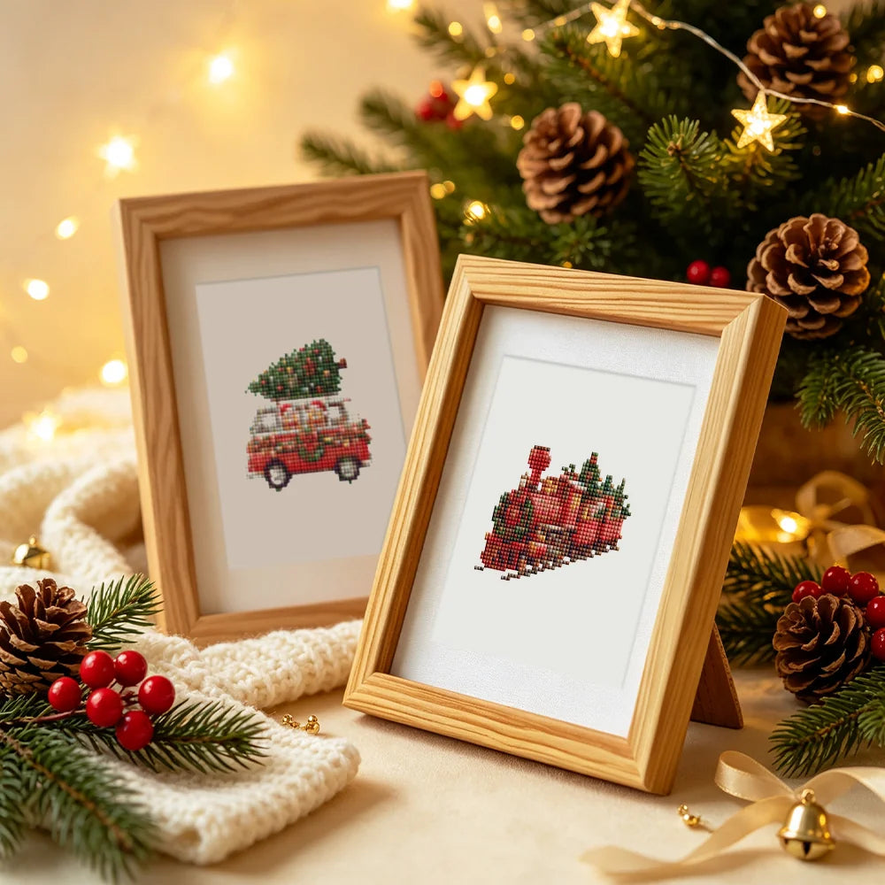 Vintage Christmas Village mini diamond painting design displayed in a decorative room setting