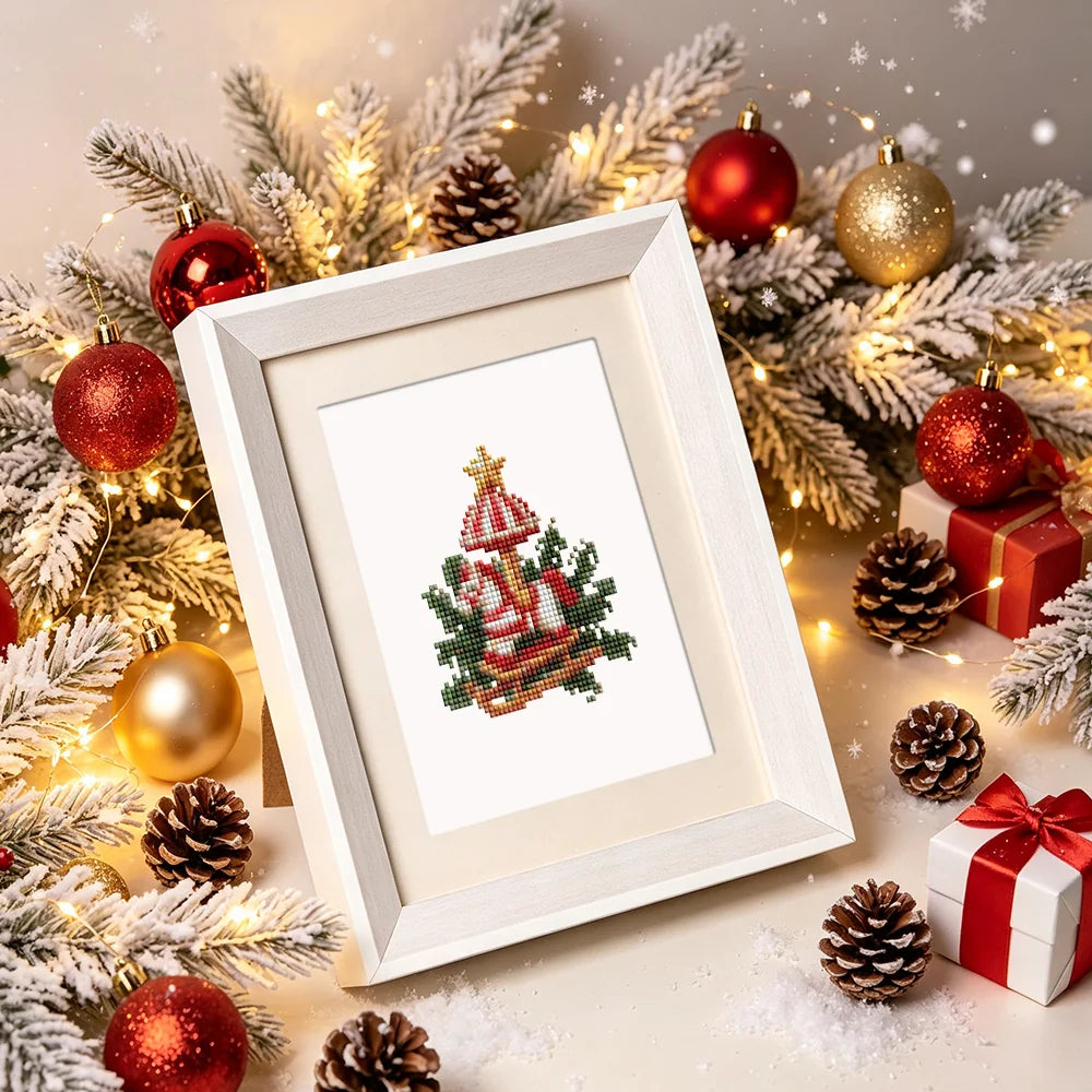 Framed Vintage Christmas Village mini diamond painting artwork presented as finished decor