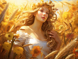 Blonde woman with a floral headpiece and white clothing in golden light