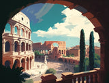 Large arched building overlooking a plaza with small walking figures