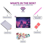 Whimsical Amusement park diamond painting kit contents shown together