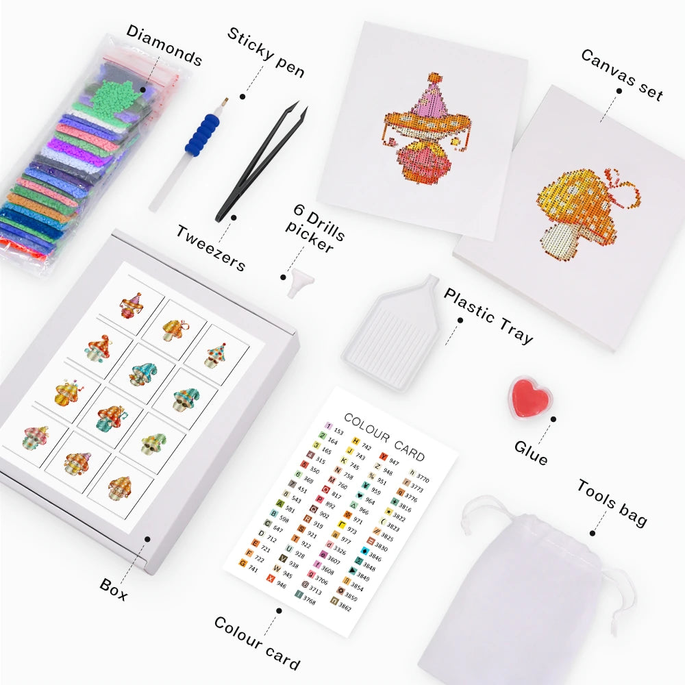 Whimsical Mushrooms Mini Diamond Painting Set – 12 Pack
