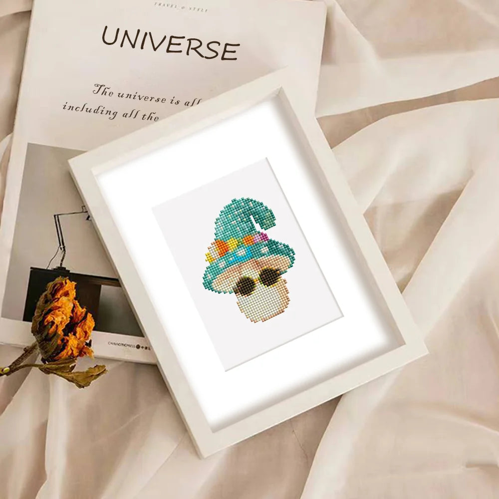 Completed Whimsical Mushrooms mini diamond painting shown as framed decor