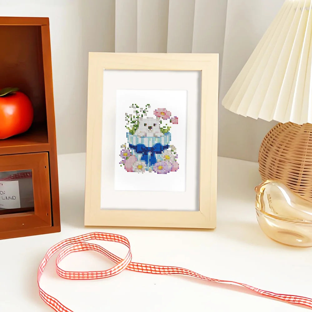 Completed Whimsical Woodland Friends mini diamond painting shown as framed decor