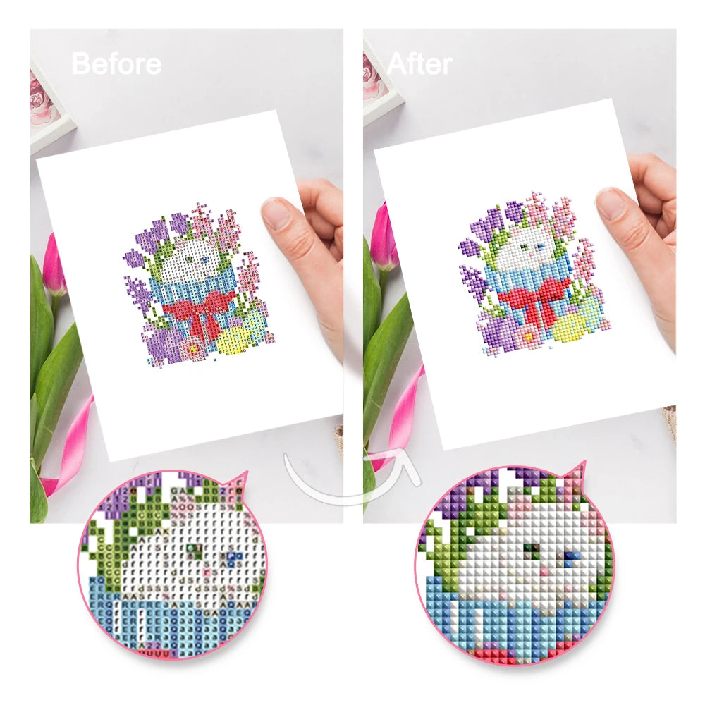 Before and after view of a Whimsical Woodland Friends mini diamond painting design