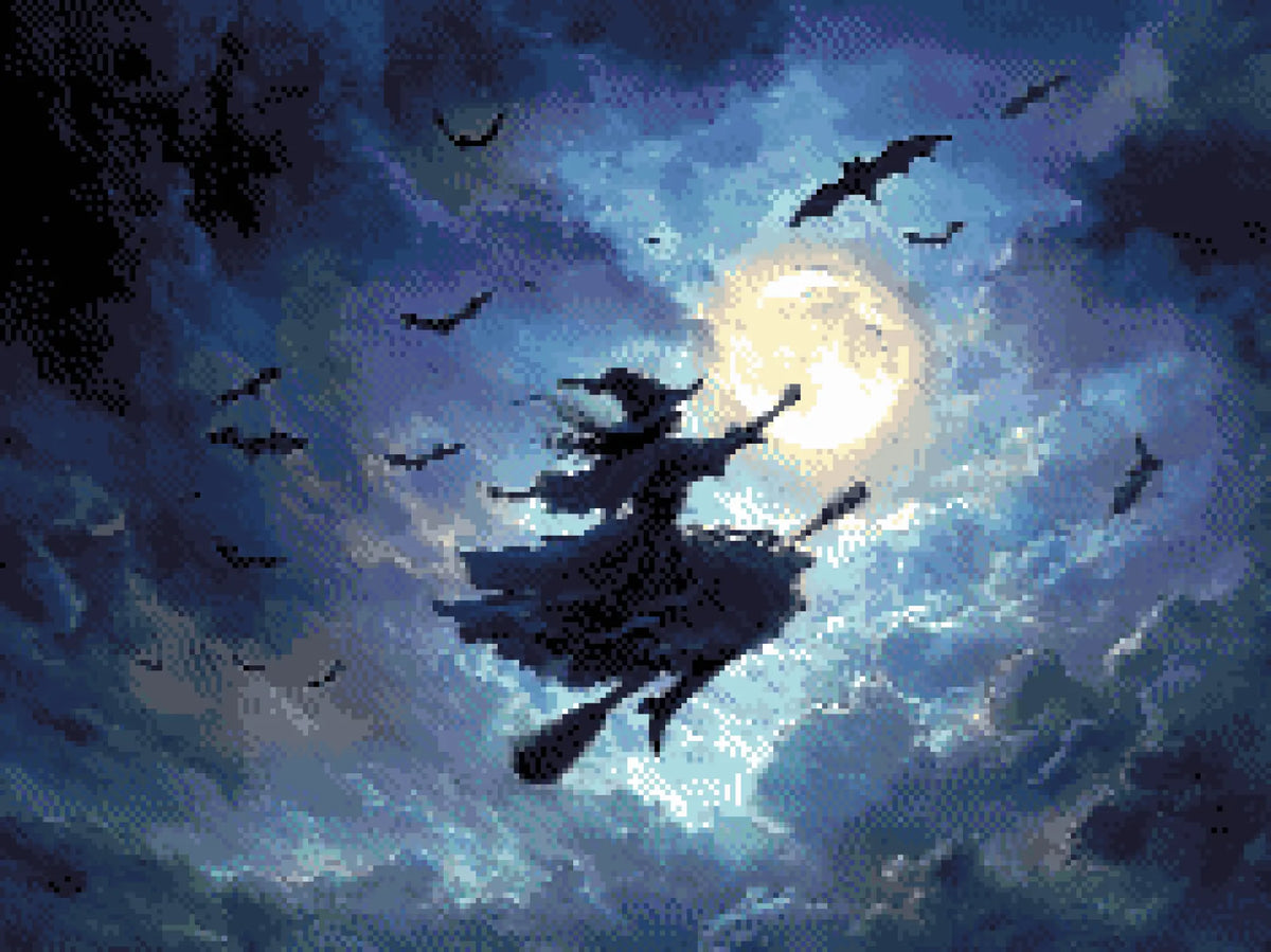 Witch's Moonlit Flight artwork shown as a completed diamond painting preview