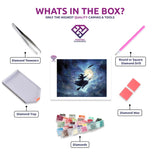 Witch's Moonlit Flight diamond painting kit contents shown together