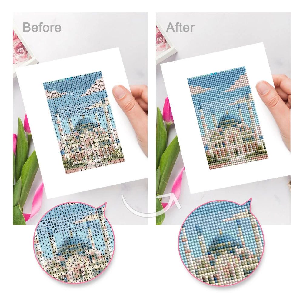Before and after view of a World Landmarks mini diamond painting design