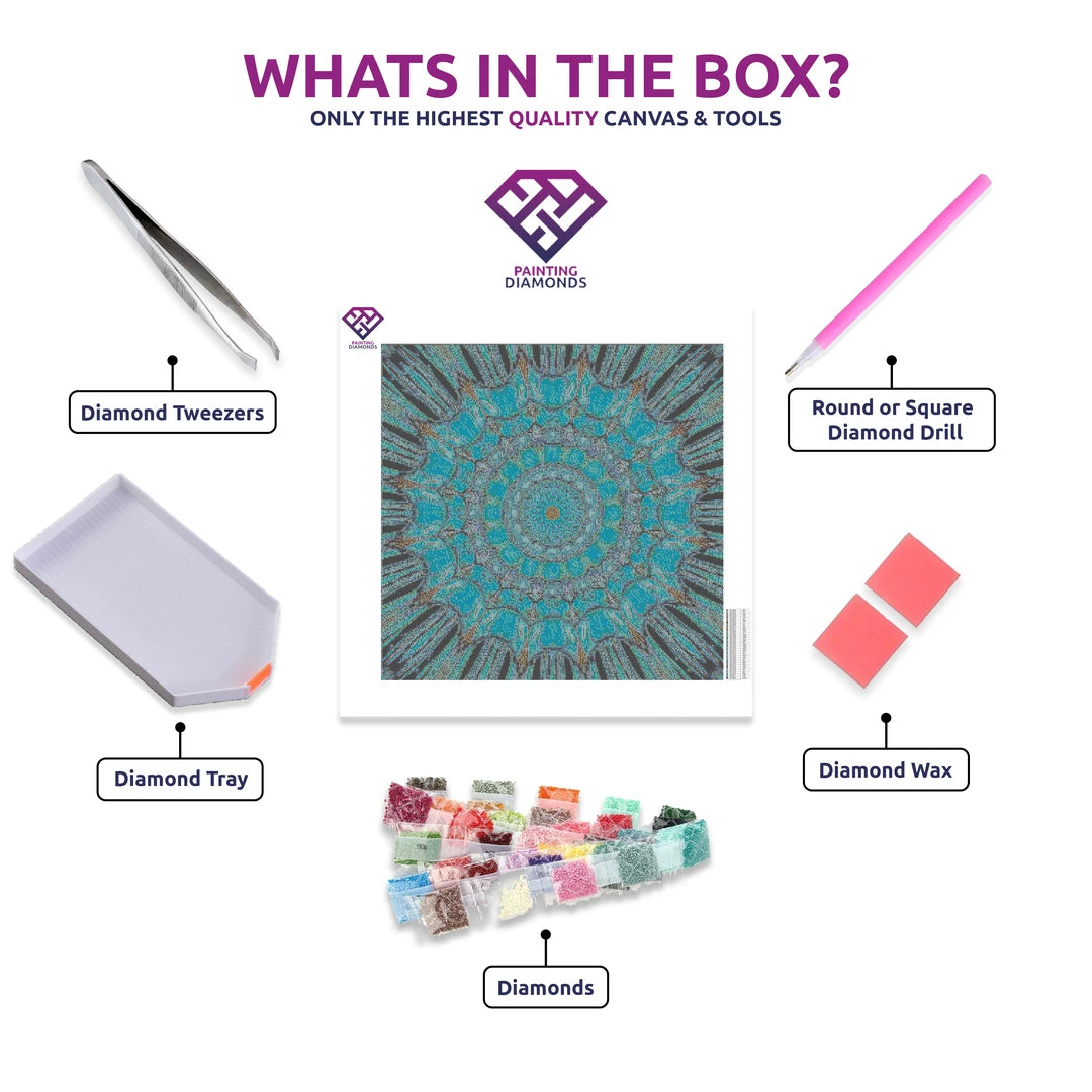 Aqua Kaleidoscope Dream diamond painting kit contents shown together