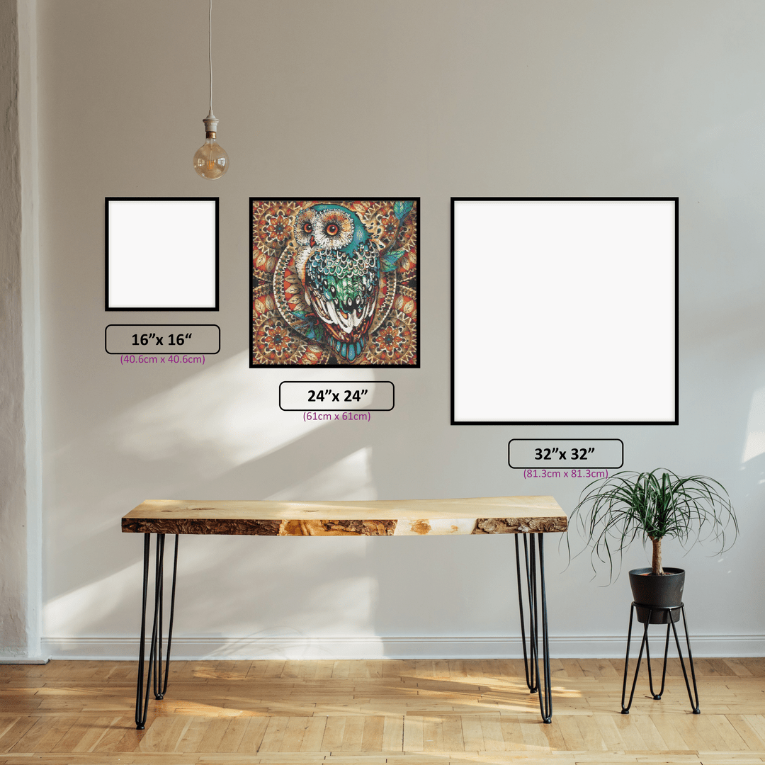 Artistic Owl diamond painting displayed in a room setting