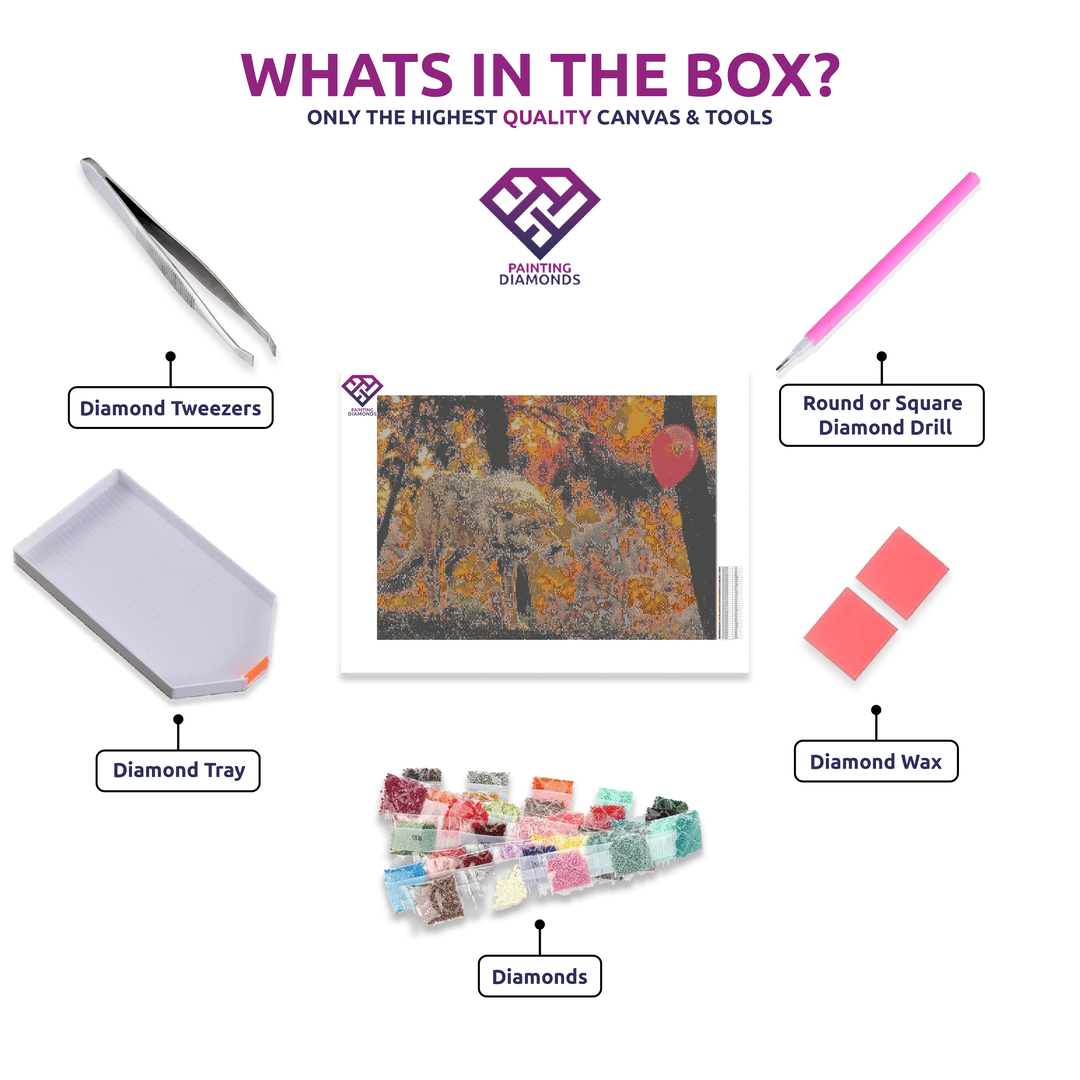 Balloon-Toting Wolf diamond painting kit contents shown together
