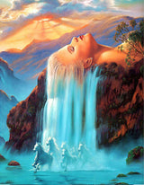 large reclining woman's head and upper shoulder integrated into a painted landscape woman faces upward