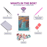 Beauty Mountain diamond painting canvas with tweezers, applicator pen, tray, wax and coloured drills