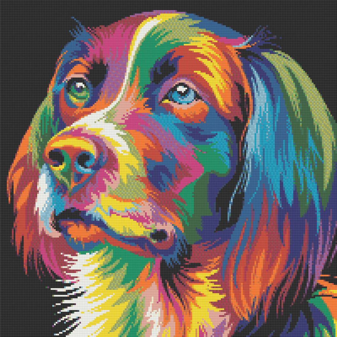 Colourful Dog artwork shown as a completed diamond painting preview