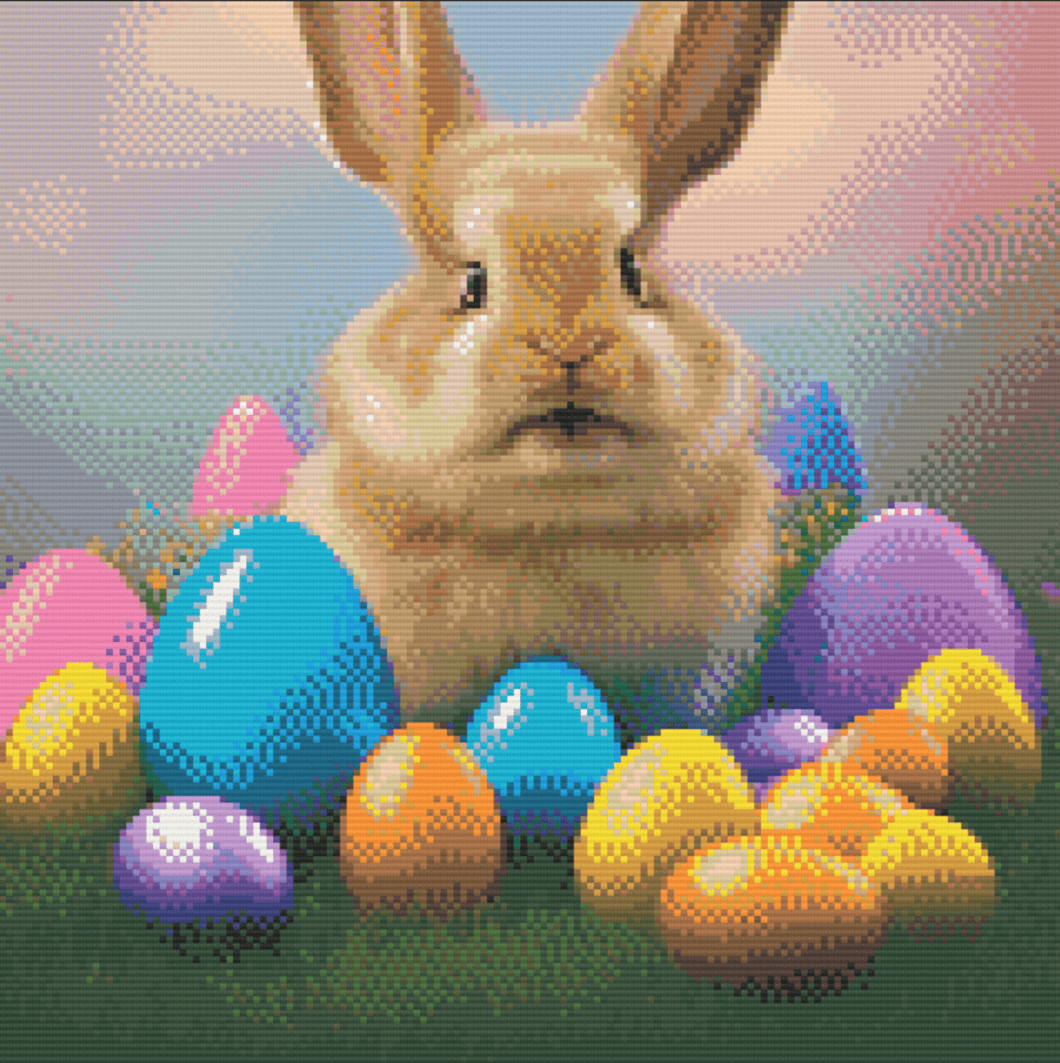 Colourful Easter Bunny artwork shown as a completed diamond painting preview