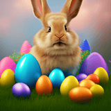 tan rabbit Rabbit positioned upright and facing directly forward in decorative studio-like scene