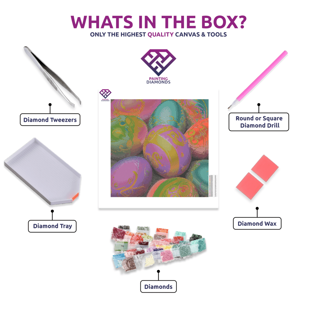 Colourful Easter Eggs diamond painting canvas with tweezers, applicator pen, tray, wax and coloured drills