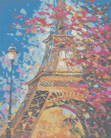 Colourful Eiffel Tower artwork shown as a completed diamond painting preview
