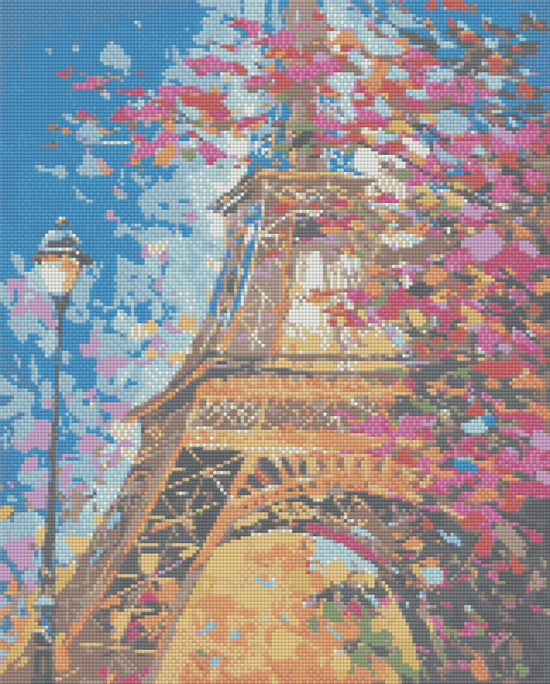 Colourful Eiffel Tower artwork shown as a completed diamond painting preview