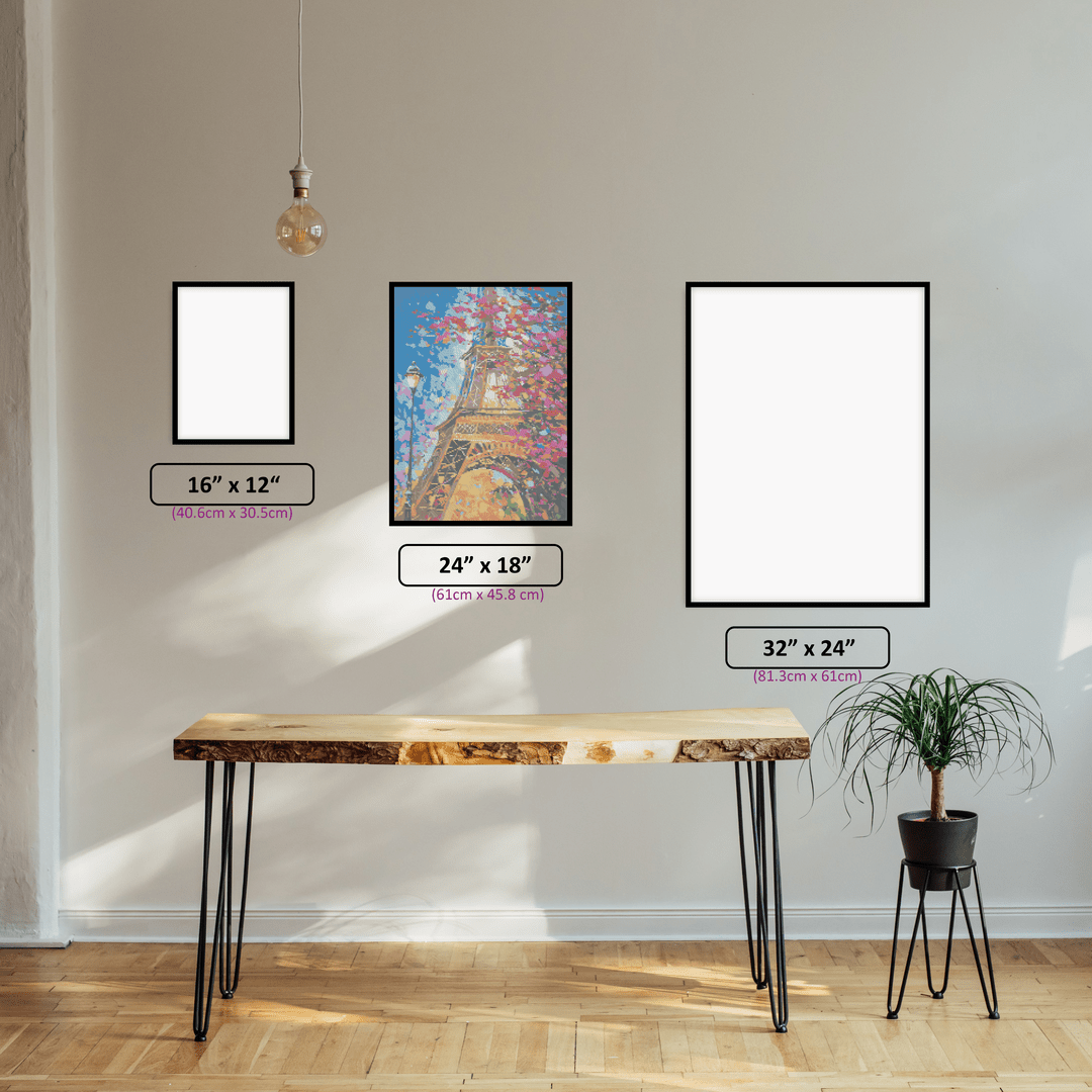 Colourful Eiffel Tower diamond painting displayed in a room setting