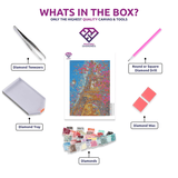 Colourful Eiffel Tower diamond painting kit contents shown together