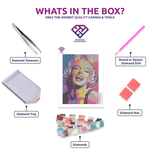 Colourful Monroe diamond painting kit contents shown together