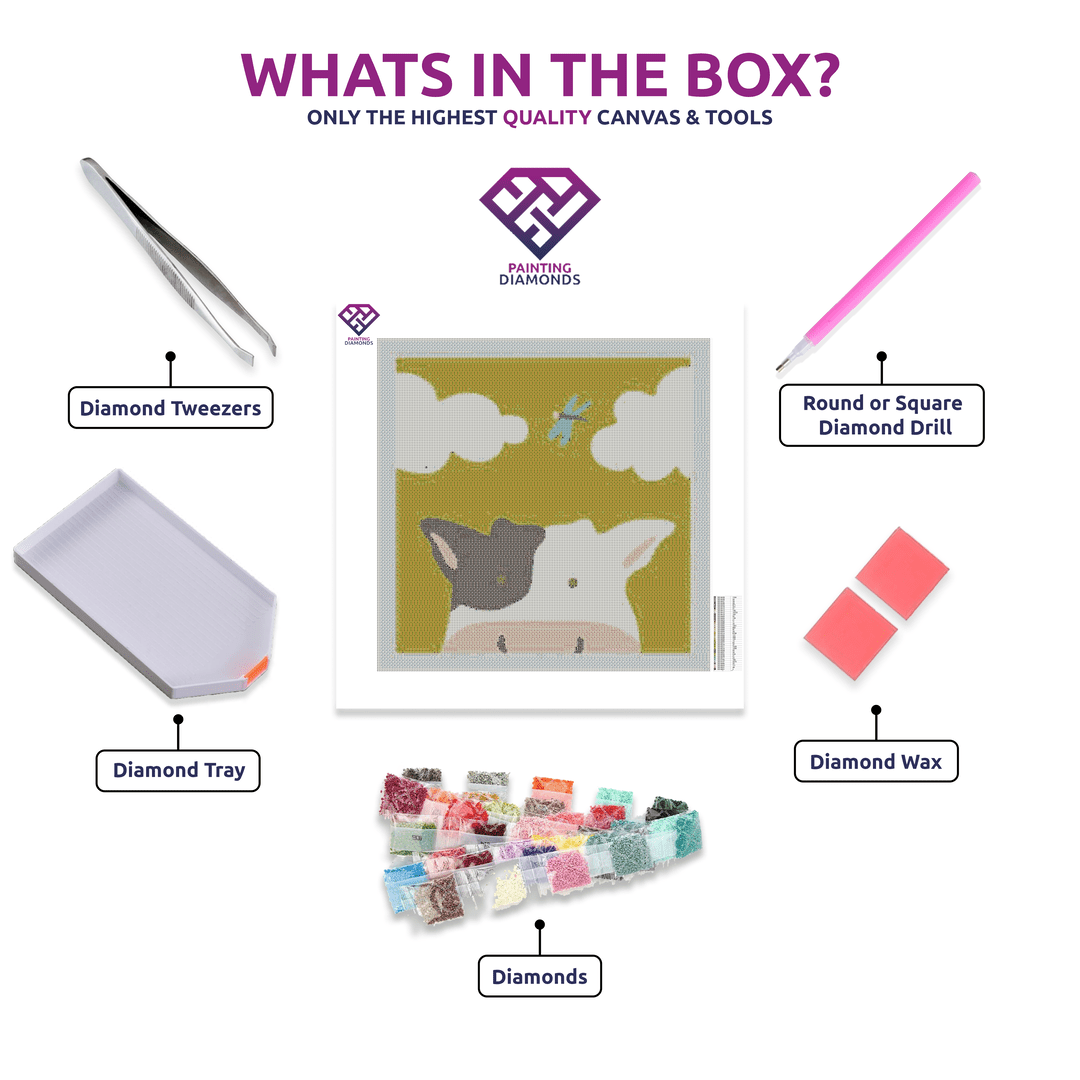 Cow - Beginner diamond painting kit contents shown together