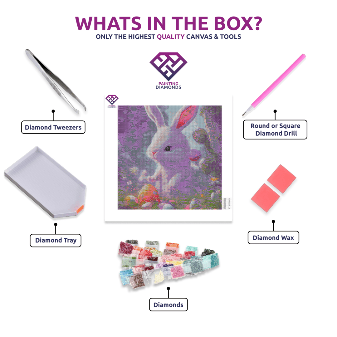 Cute Easter Bunny diamond painting canvas with tweezers, applicator pen, tray, wax and coloured drills