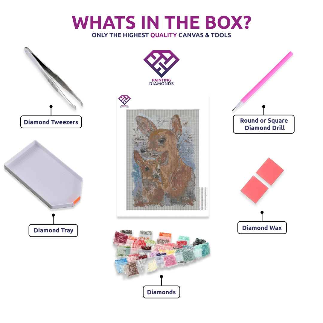 Doe & Fawn diamond painting kit contents shown together