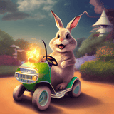 smiling white rabbit seated on a small green wheeled vehicle rabbit sits upright facing forward,