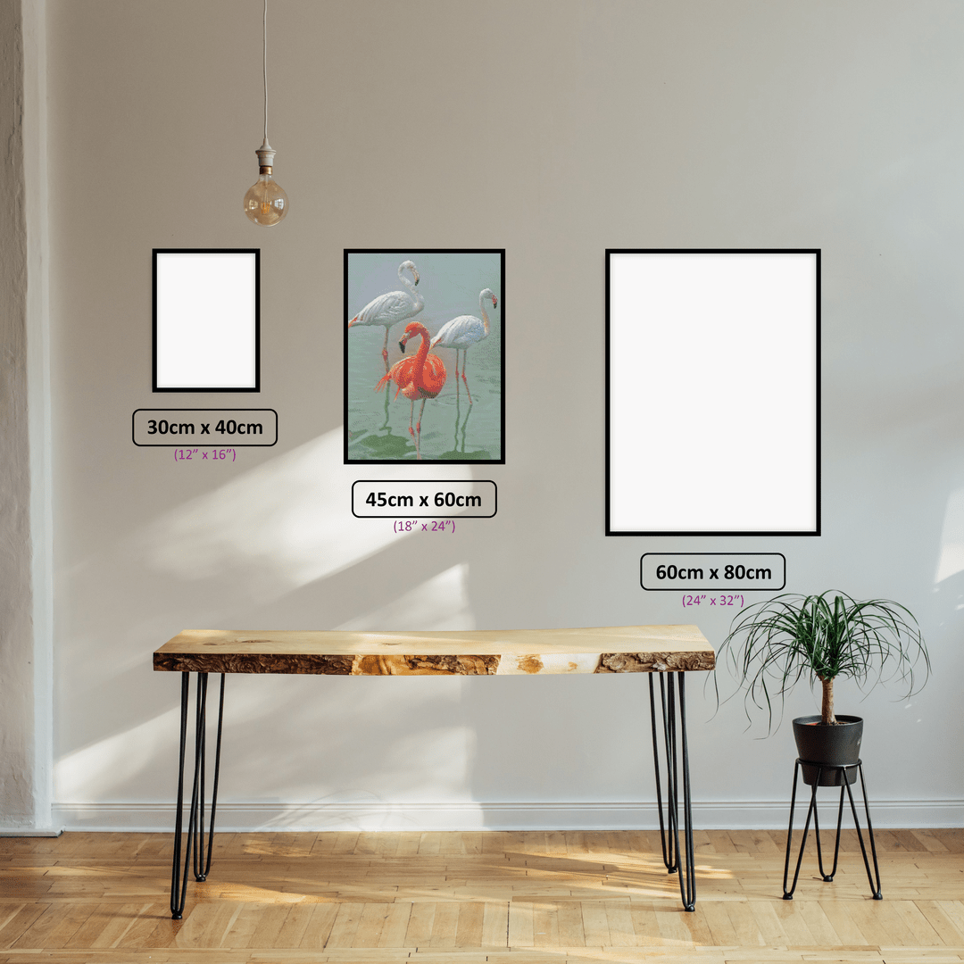 Flamingo Trio diamond painting displayed in a room setting
