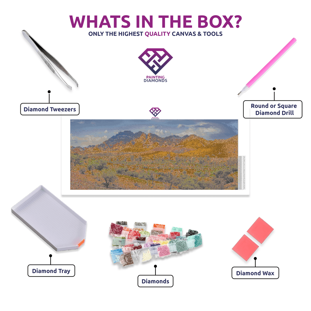 Flinders Ranges Radiance diamond painting canvas with tweezers, applicator pen, tray, wax and coloured drills