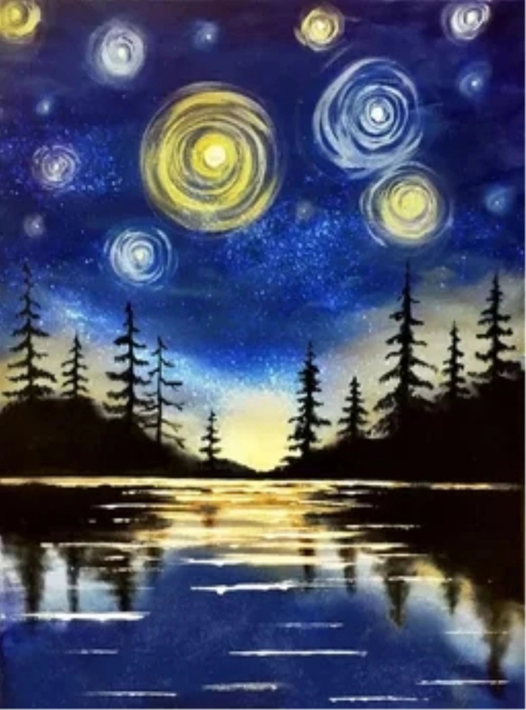 Dark tree above golden fields beneath a swirling blue night sky