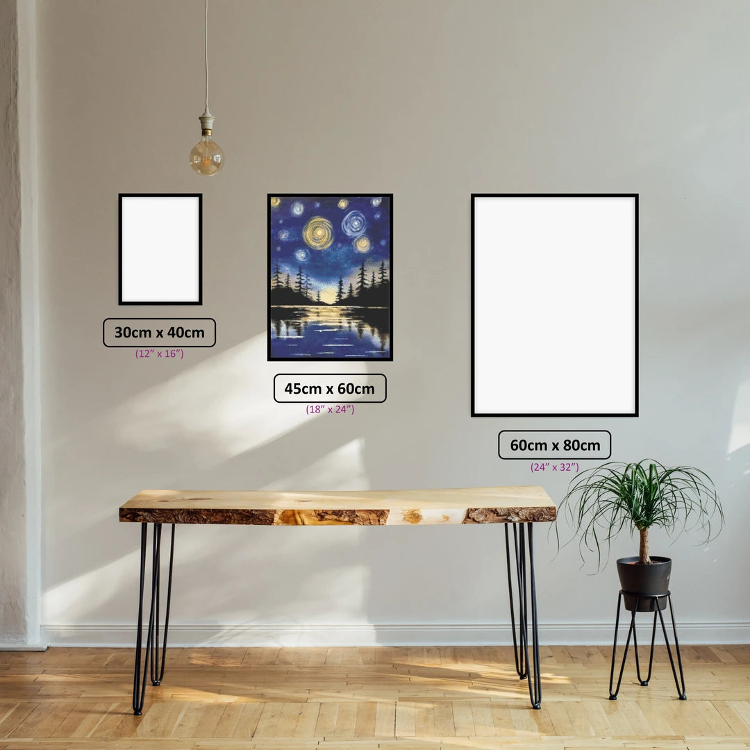 Galactic Lake Nightscape diamond painting displayed in a room setting