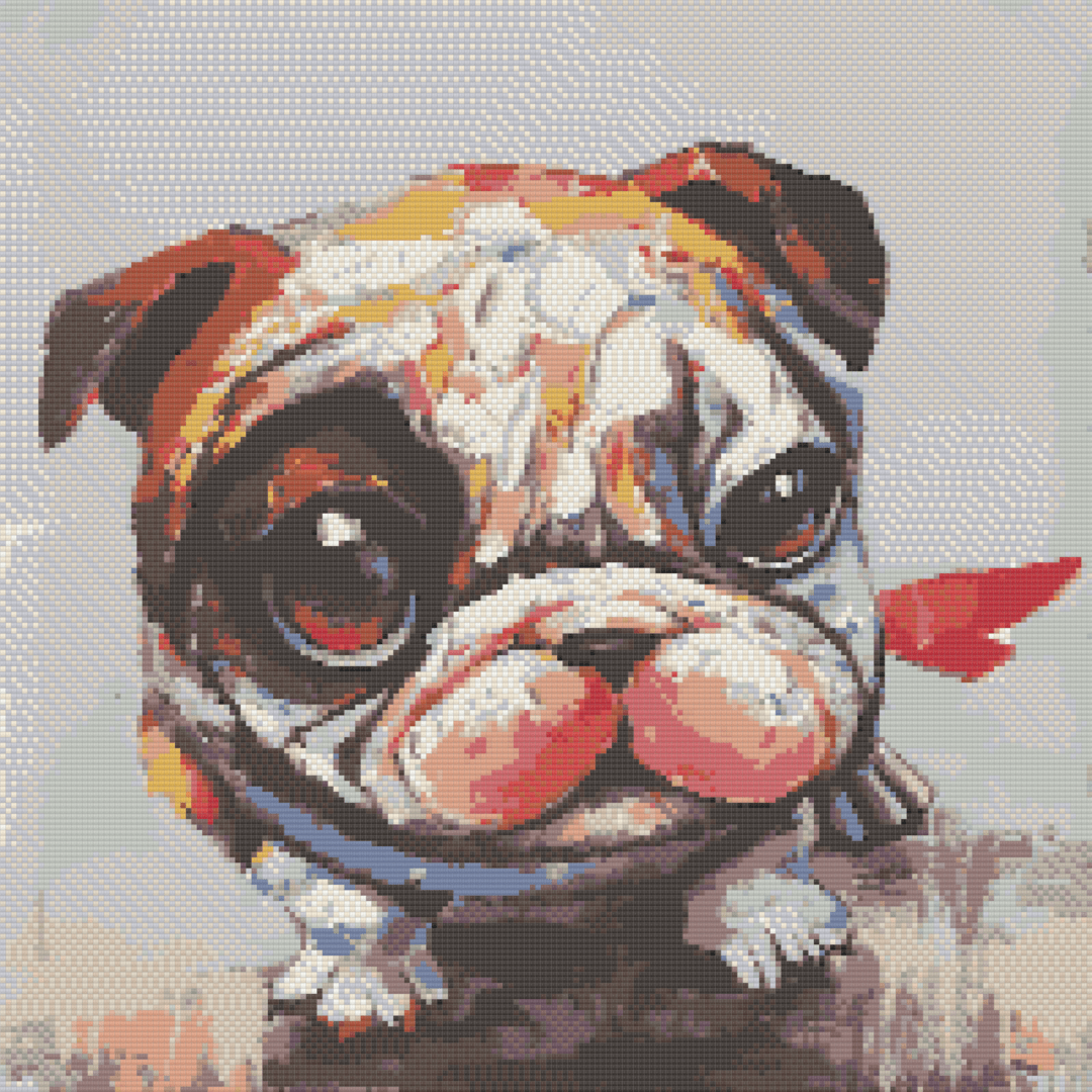 Happy Bulldog artwork shown as a completed diamond painting preview