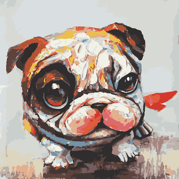 White bulldog facing forward with dark patches and visible front paws