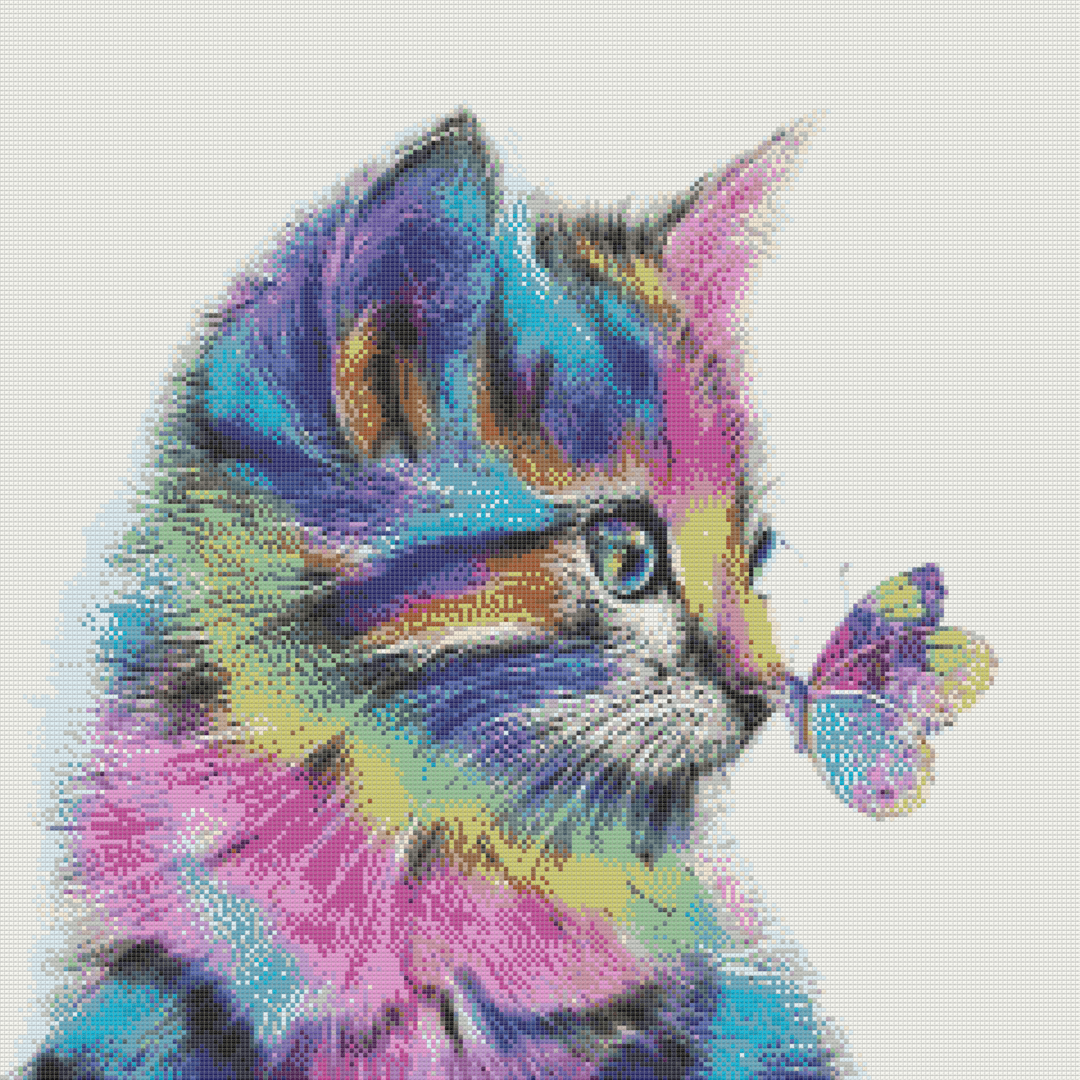 Kitten's Butterfly Encounter artwork shown as a completed diamond painting preview