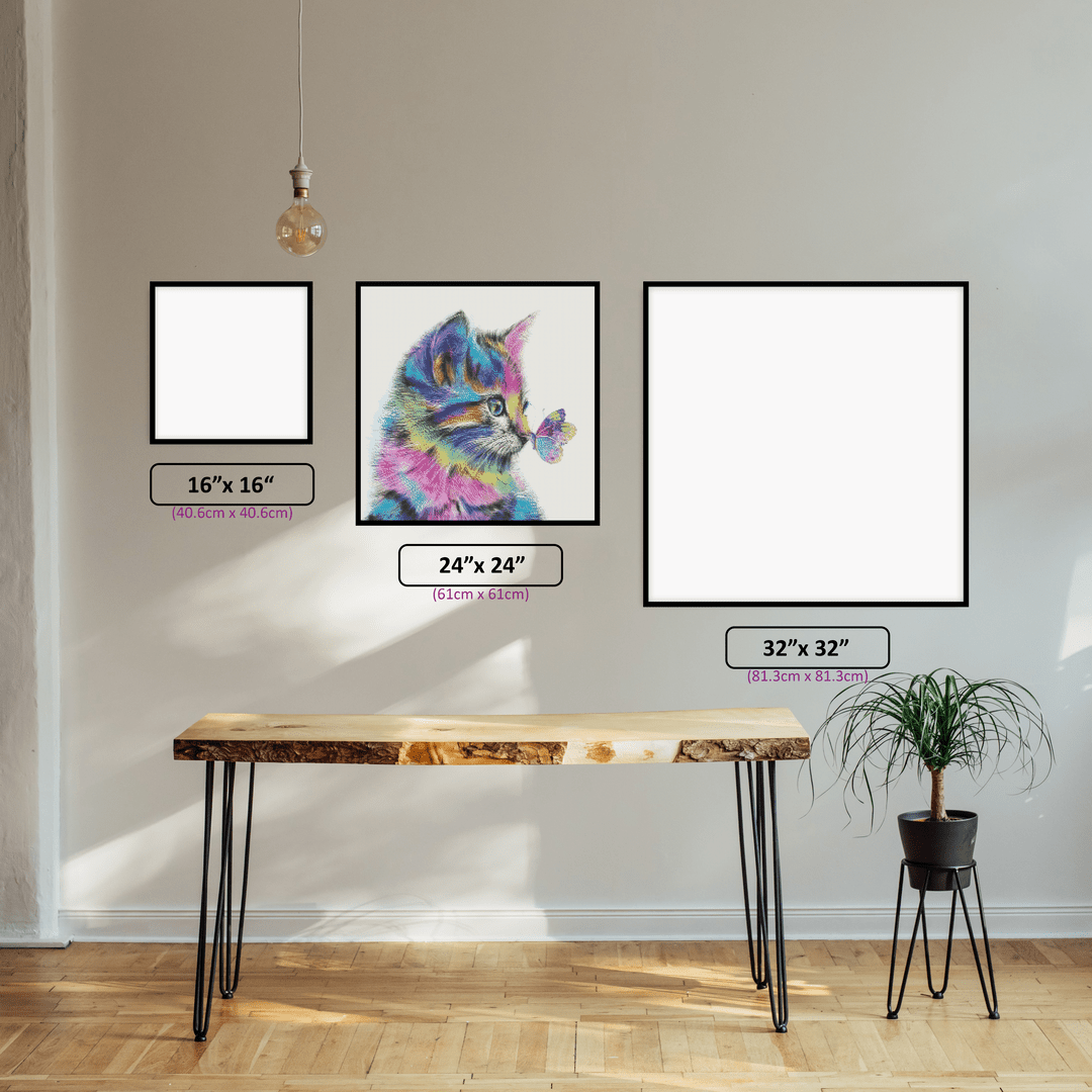 Kitten's Butterfly Encounter diamond painting displayed in a room setting