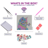 Kitten's Butterfly Encounter diamond painting kit contents shown together