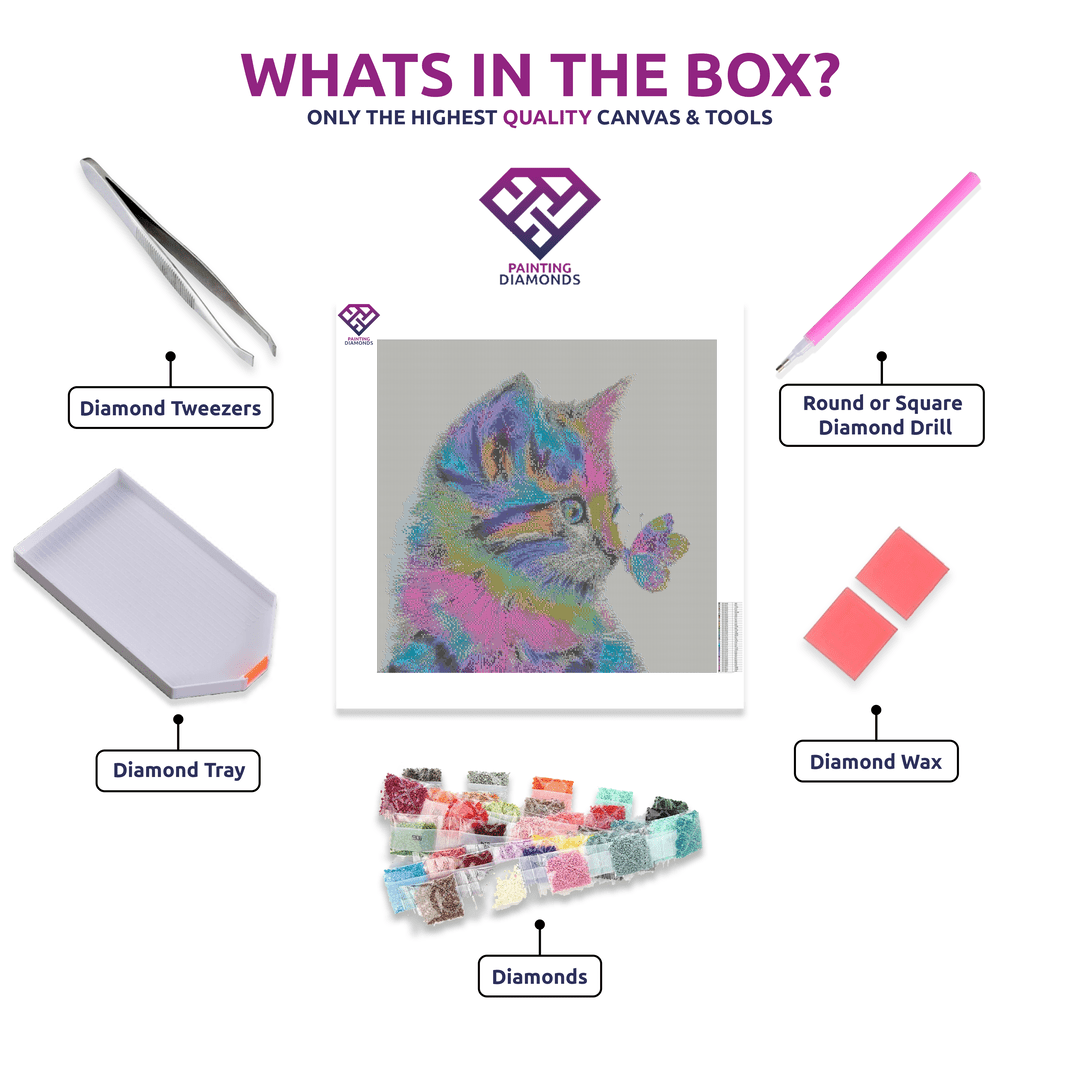 Kitten's Butterfly Encounter diamond painting kit contents shown together